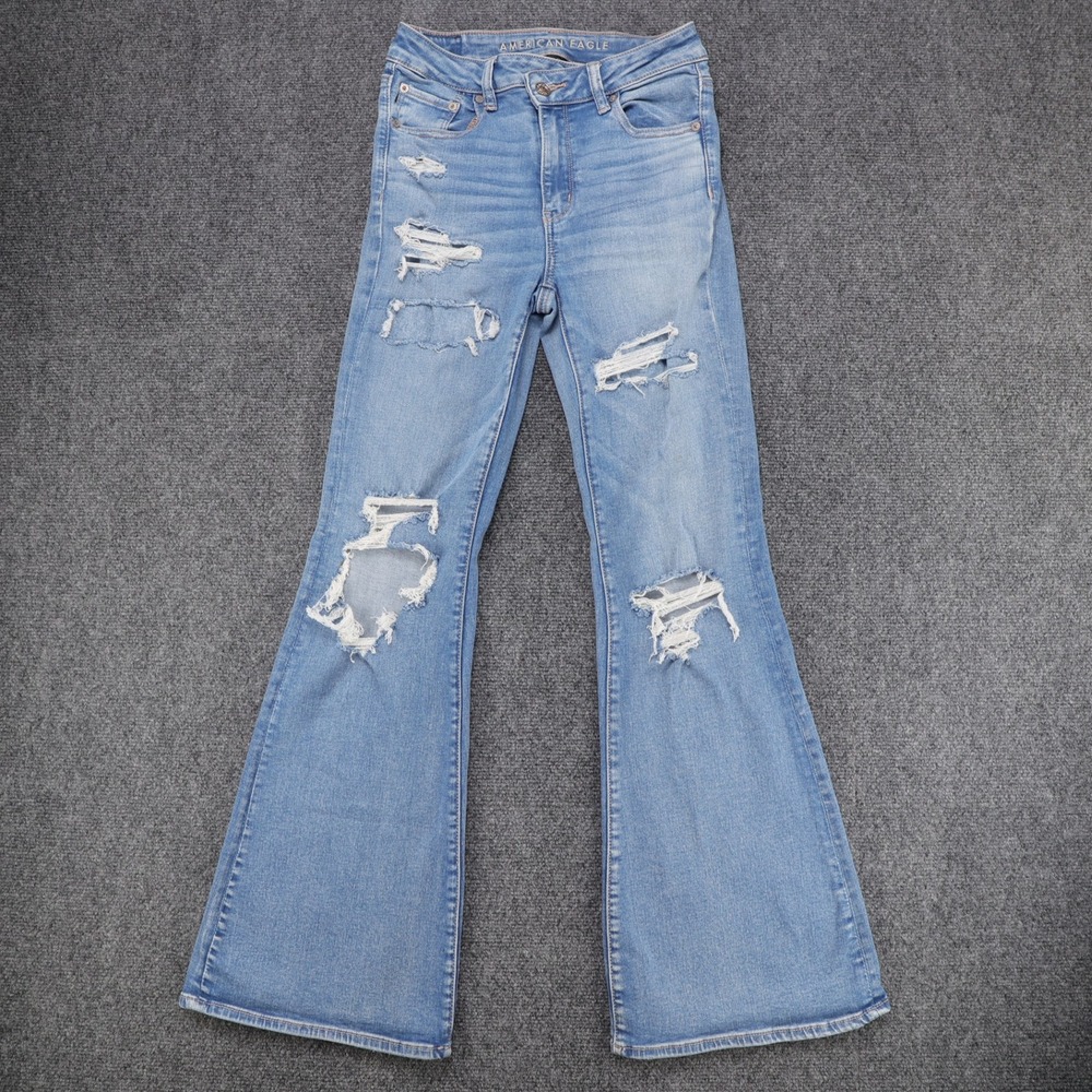 American Eagle Super Hi-Rise Flare Distressed Jeans Medium Wash Size 4 Regular